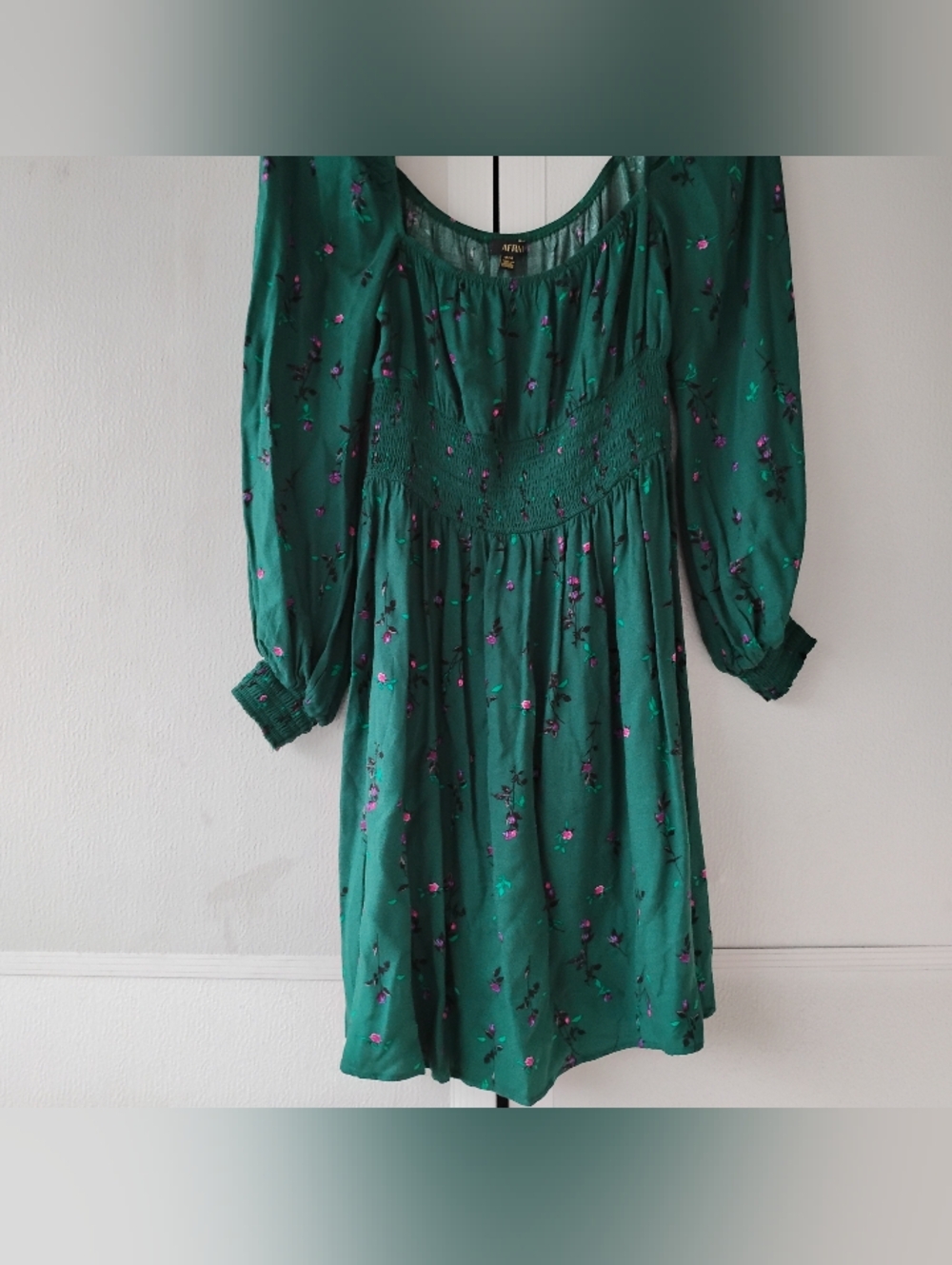 AFRM Green Floral Long Sleeve Smocked Dress